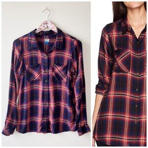 KAVU Womens Britt Button Down Shirt Nightlife Plaid Red Blue XS